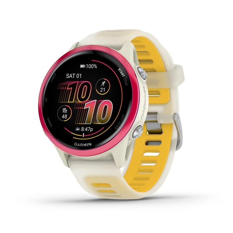 Garmin® Forerunner® 570, 42mm, Advanced GPS Running and Triathlon Smartwatch, AMOLED Display, Training and Recovery Features, Raspberry Aluminum with Translucent Bone/Mango Band - Image 1