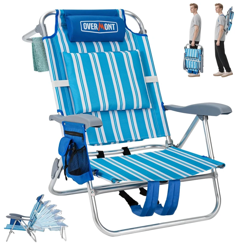 OVERMONT Low Beach Chair with Cooler Bag - 6-Positions Lay Flat - Wide Seat with Lumbar Support, Camping Beach Chairs - 30lbs/150kg Support- Perfect for Summer, Travel & Outdoor,blue