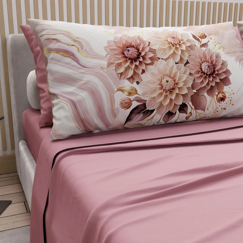 PETTI Artigiani Italiani - Cotton Sheets with Pillowcases in Digital Print, French Double Sheet, Floral Print Bedding Set, Powder Onion, 100% Made in Italy