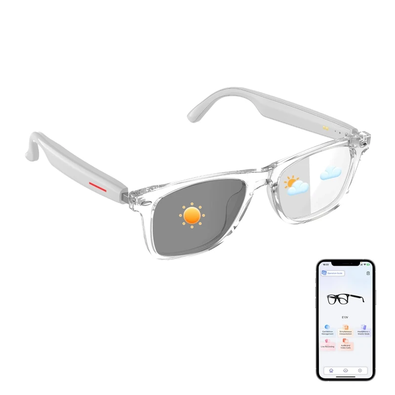 AI Translation Glasses, Smart Glasses Powered by ChatGPT, Photochromic Lenses, Support 169 Languages, Real-Time Translation via APP, Bluetooth Glasses for Men & Women, Meeting Travel Trade (Clear)