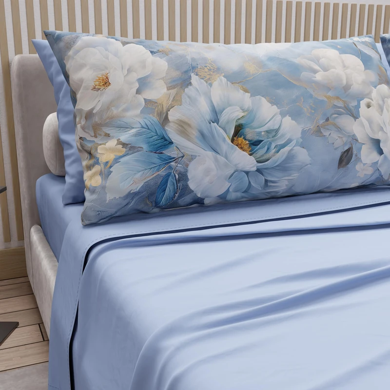 PETTI Artigiani Italiani - Double Bed Sheets Cotton with Pillowcases in Digital Print, Complete Sheet for Double Bed Maxi Floral Pattern 13 Light Blue, 100% Made in Italy