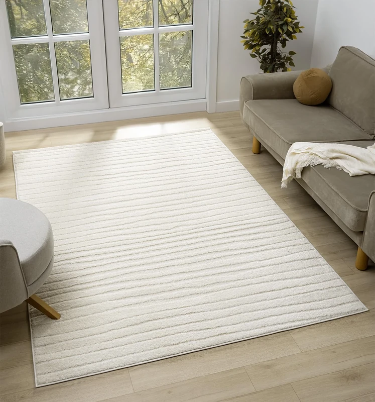 Aya Living Room Rug – Soft 12mm Cut-Shrink Pile, Non-Shedding, Jute Backing – Modern Wabi Sabi, Wave, Cubed, and Stripe inspired patterns – Indoor Area Rug, Cream, 120x170 cm
