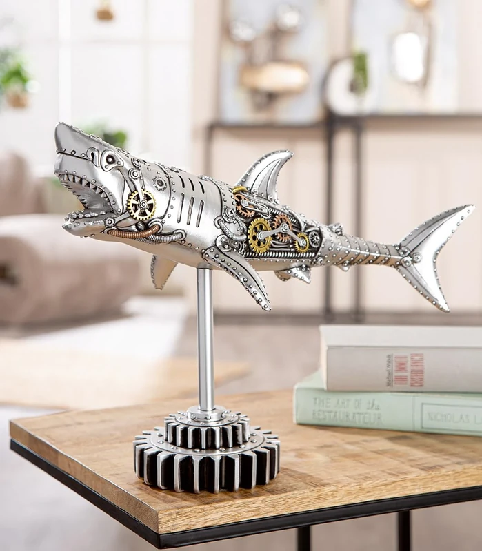 GILDE Steampunk Shark Resin Figurine Antique Silver Finish Gear 30cm Tall 38cm Wide 12cm Deep