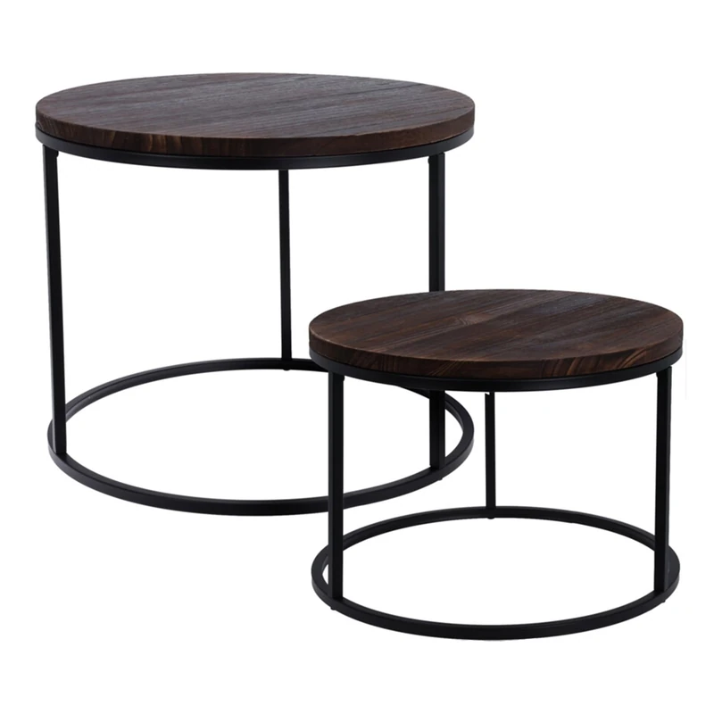 WELL HOME MOBILIARIO & DECORACIÓN Set of 2 Iron Tables with Burnt Paulownia Wood Top - Image 1