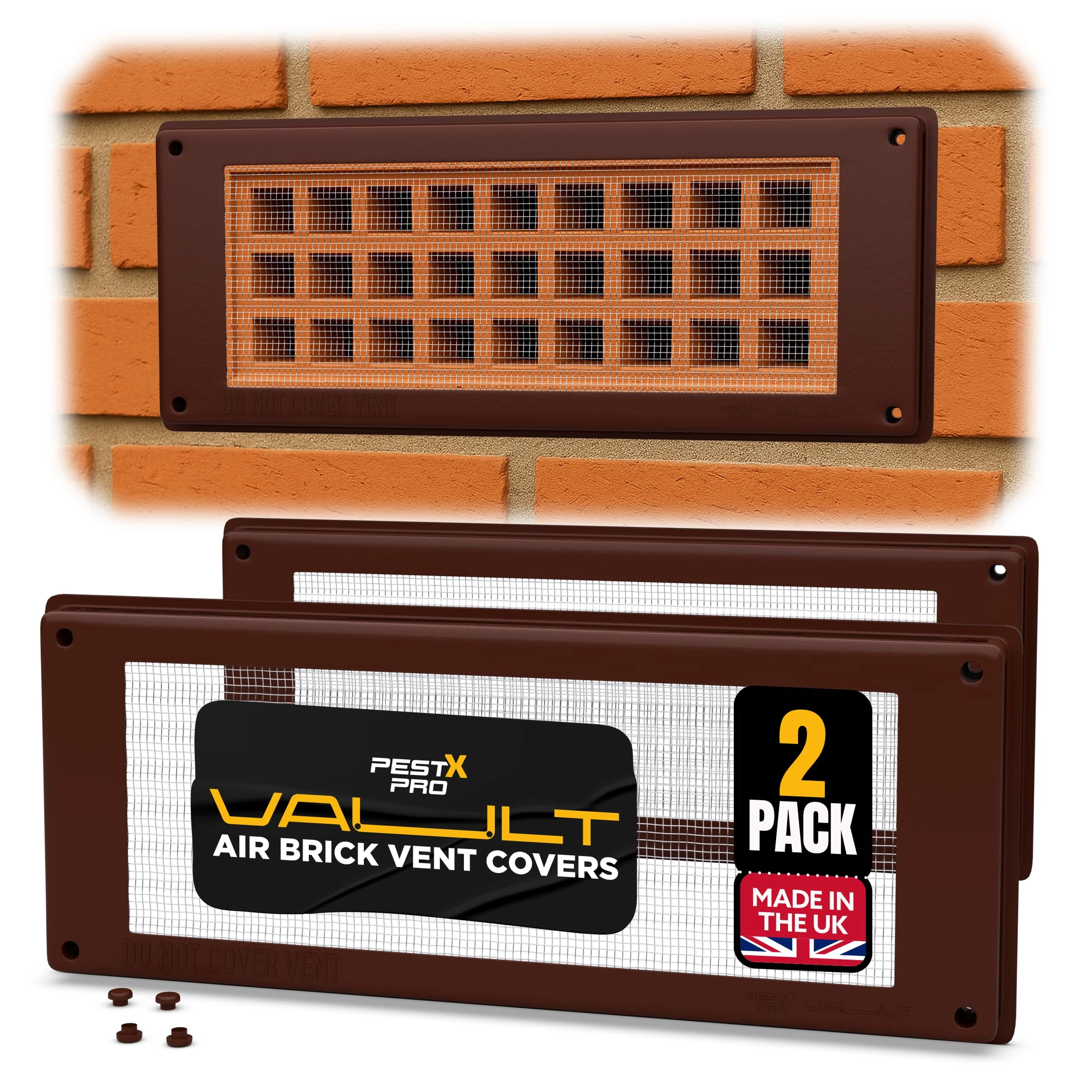 Pest-X Pro Vault Air Brick Covers 254mm x 102mm (2 Pack) - Rodent Control Vent Covers Exterior - Air Brick Pest Guard - Vent Cover for Walls Outside - Stops Mice and Pests - Brown