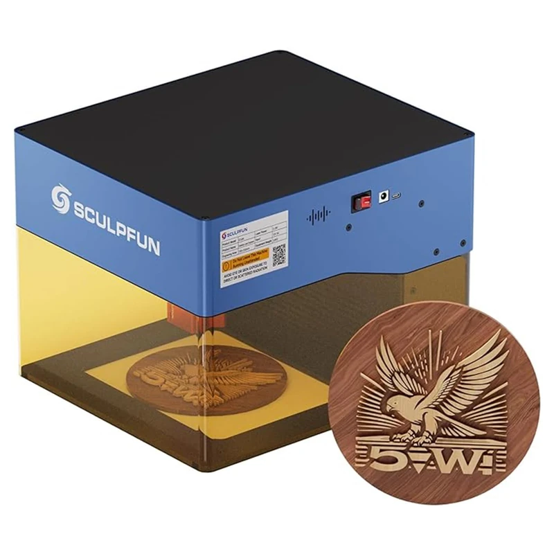SCULPFUN iCube Pro 5W Mini La-ser Engraver – Bluetooth Engraving Machine with 32-Bit Board, Smoke Filter Cutter for Wood, Acrylic, 304 Stainless Steel, Not for Other Metals, Working Area 125×125mm