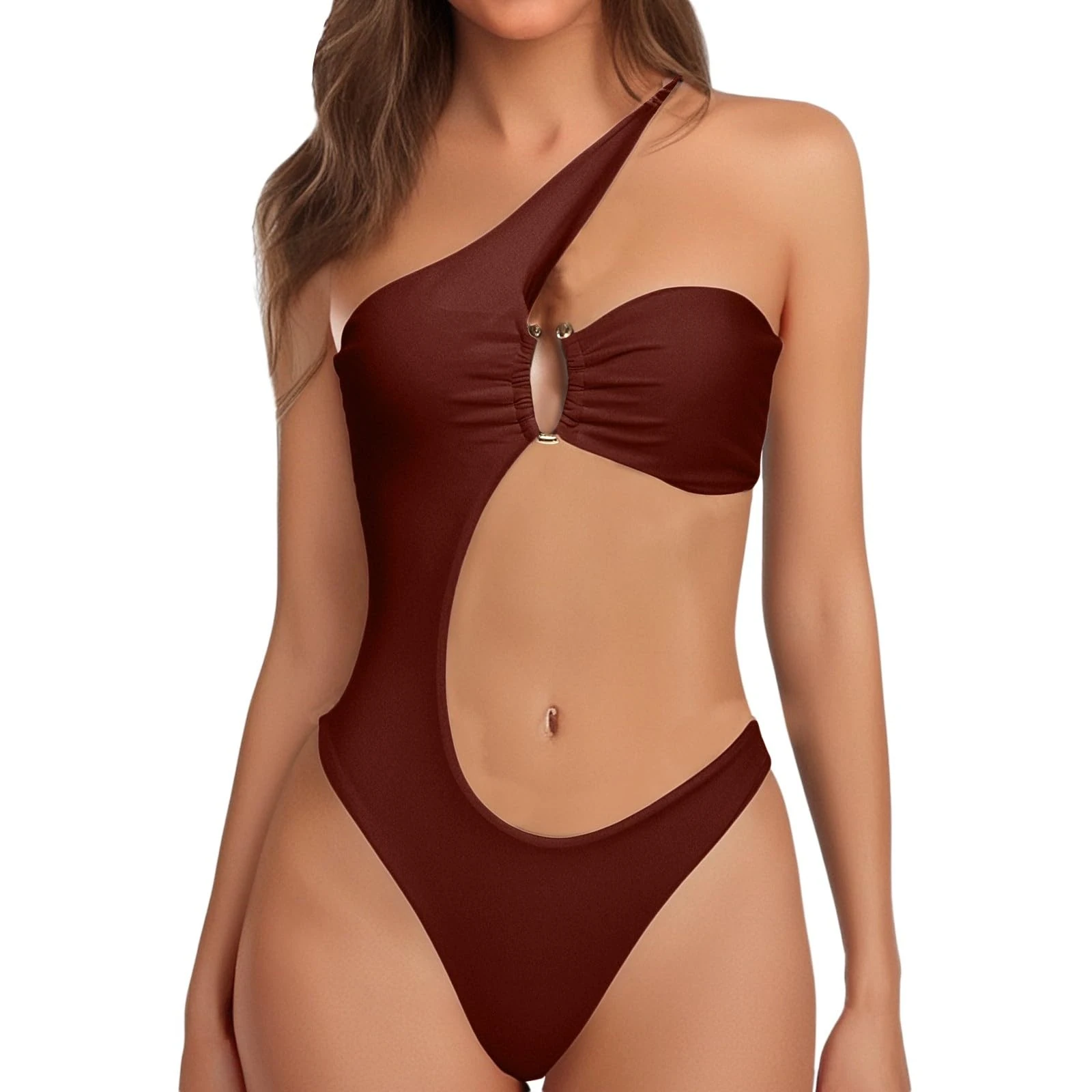 Generisch Women's Sexy Hollow Out Monokini Summer Holiday Beach Swimsuit with Removable Padding Straps Backless Swimsuit Women's Back, coffee, S