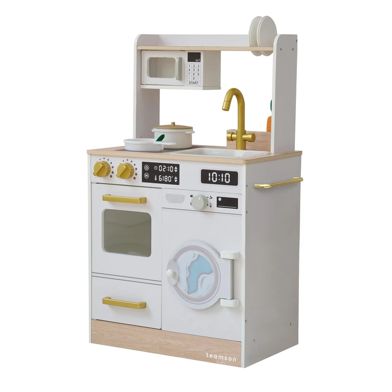 Teamson Kids Wooden Play Kitchen Little Chef with Mini Garden and Washing Machine White