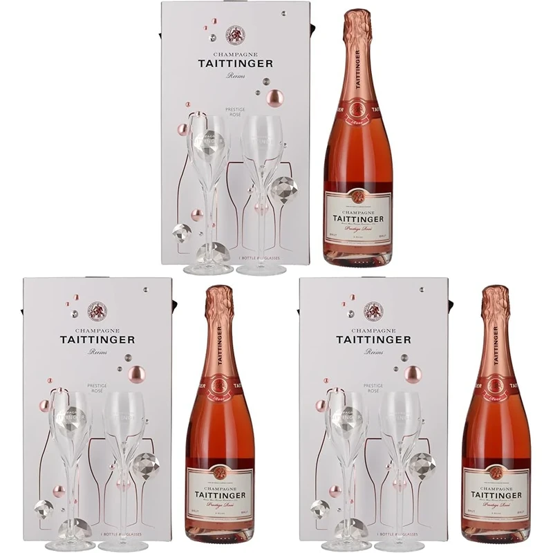 Taittinger Brut Prestige Rosé Non Vintage Champagne and Glasses Gift Set 75cl (Pack of 3)