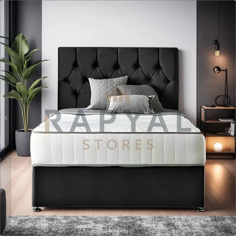 GHOST BEDS Pluno Divan Bed Set with 10” Memory Sprung Mattress and 24” Matching Headboard (Black, 5ft, HB With No Drawers)