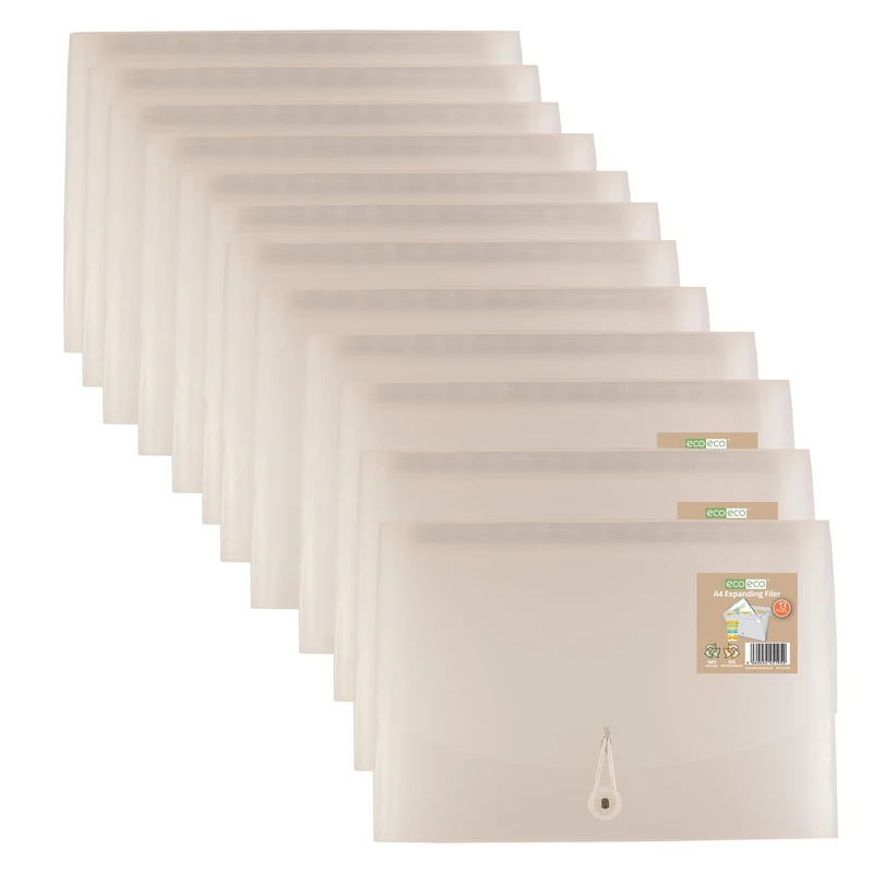 eco-eco A4 50% Recycled 13 Clear Pocket Clear Cover Expanding File Organiser - Document Folder - Printed Index Tabs, Pack of 12, eco195x12