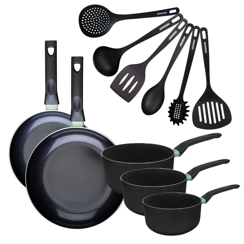 Fackelmann 9433050 Set of 2 Frying Pans 24 and 28 cm, 3 Saucepans 16 to 20 cm and 6 Utensils, Non-Stick Frying Pan, PFAS-Free, Ceramic Coating, All Heat Sources Induction, Aluminium, RPET, Black - Image 1