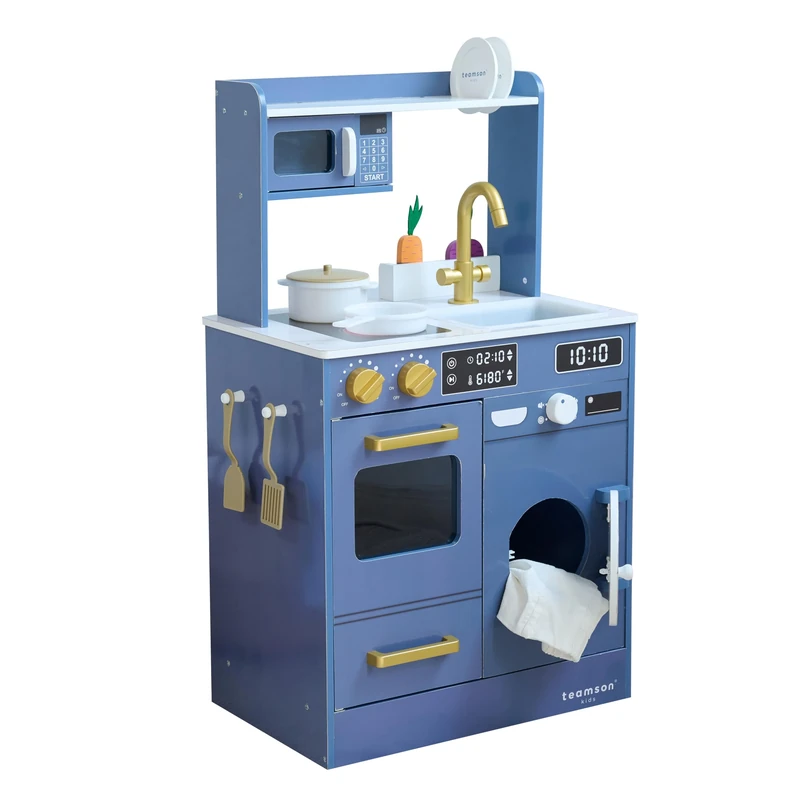 Teamson Kids Wooden Play Kitchen Little Chef with Mini Garden and Washing Machine Blue