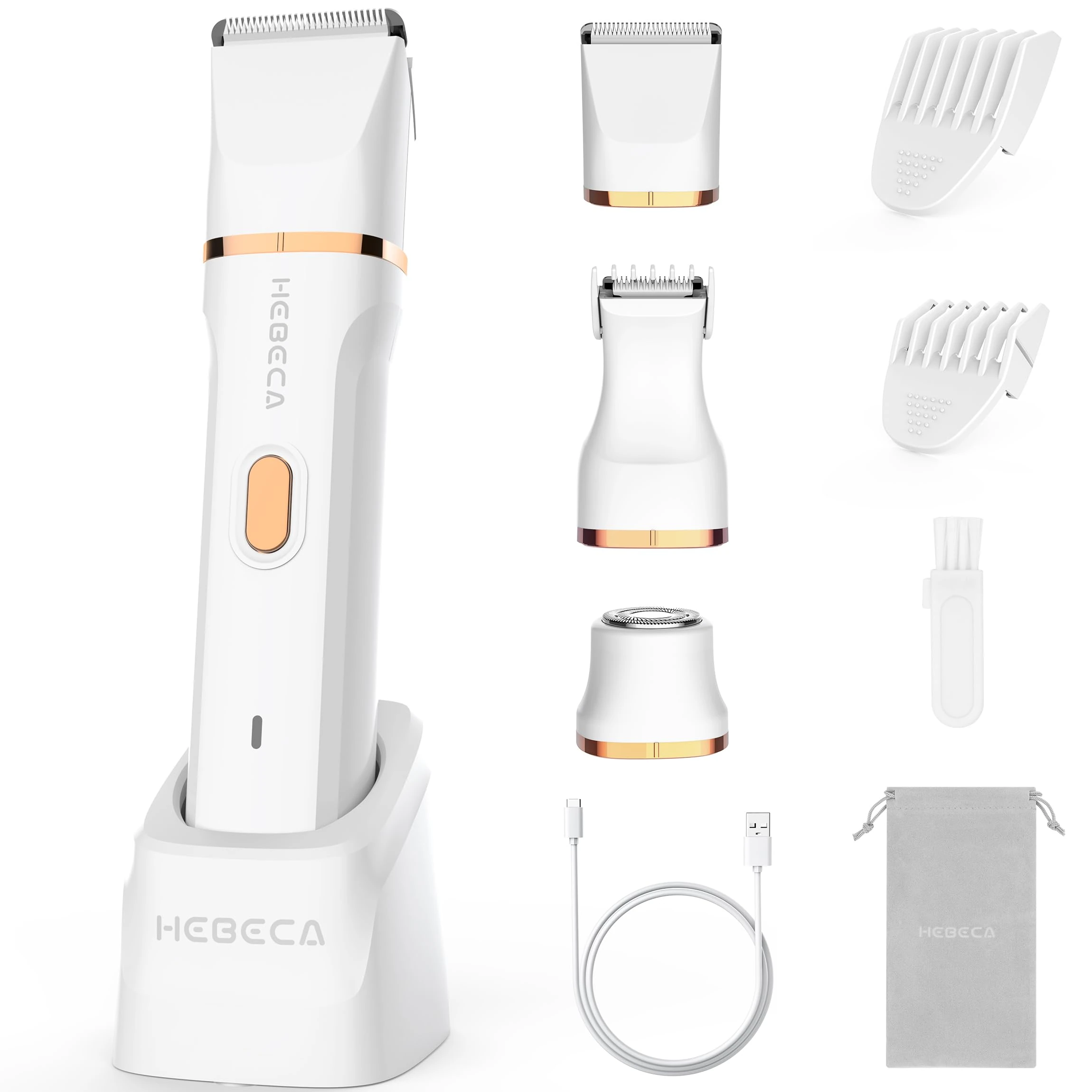 HEBECA Bikini Trimmer for Women - 3in1 Electric Razor for Women with Facial Trimmers & Intimate Shaver for Sensitive Skin - Waterproof Wet & Dry Use Rechargeable Pubic Hair Trimmer Removal