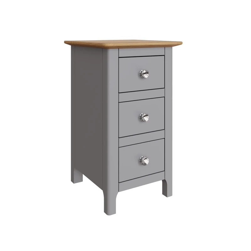 FWStyle Taberno 3 Drawer Bedside Table in Dove Grey – Fully Assembled Oak Nightstand with Chrome Handles – Compact Bedroom Storage Cabinet with Durable Veneer Top