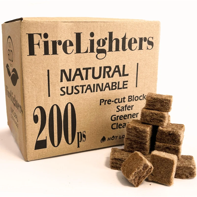 200 Natural Block Lighter Eco Firelighters Fire Starter from Compressed Wood & Infussed with Recycled Wax | FirePits, Log Burning Stoves & BBQ