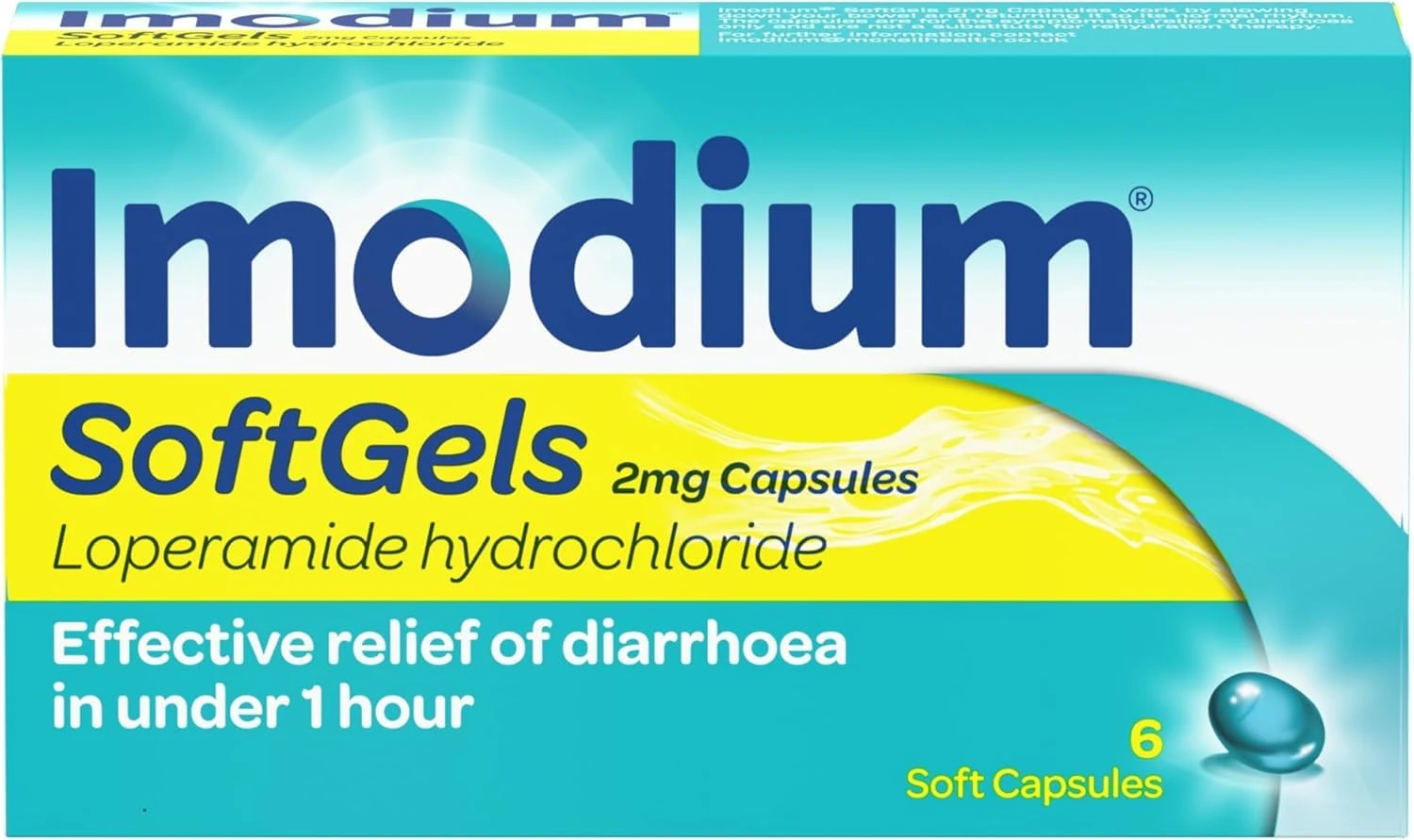 Imodium SoftGels loperamide Tablets Effective Diarrhea Relief in 1 Hour ibs Medication 6 Soft Capsules Easy to Swallow, Liquid-Filled Small