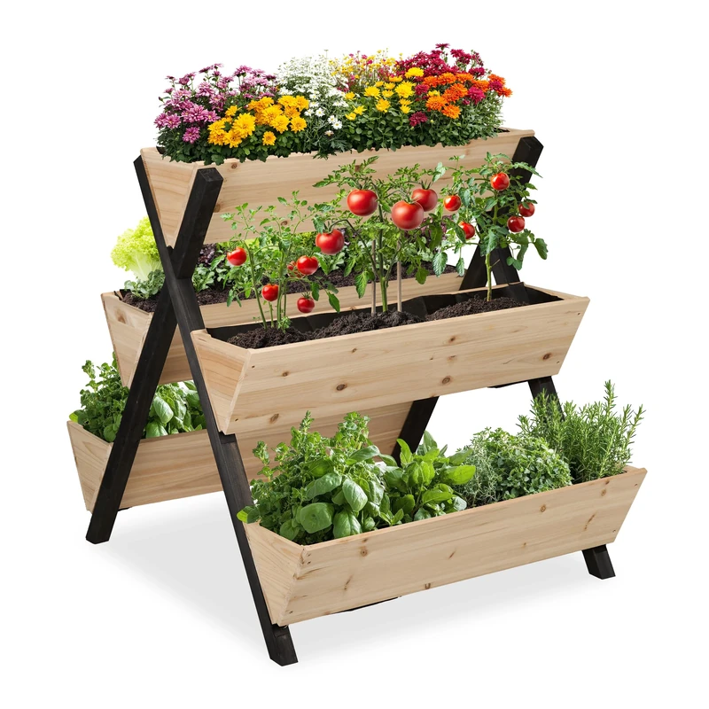 Relaxdays Raised Bed, 5 Planters, Wood, HWD: 82x75x90 cm, Vertical Flowerbed with 5 Boxes, Garden & Patio, Natural/Black, 80% 20% Fleece, 82 x 75 x 90 cm