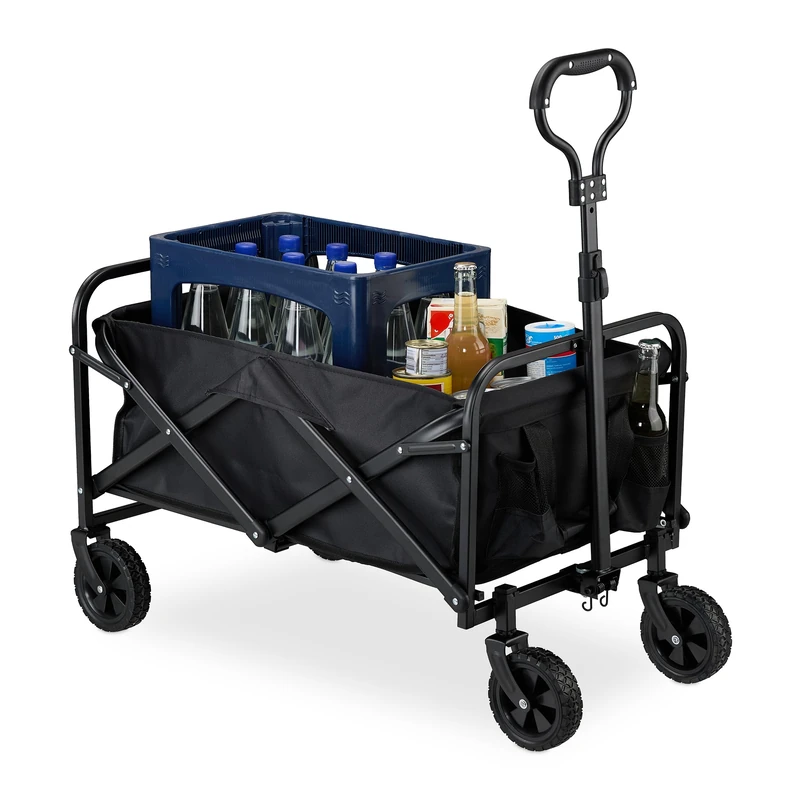 Relaxdays Folding Festival Trolley, Holds 100 kg, Beach & Camping Cart, Extendable Handle, Rubber Wheels, Wagon, Black, 10% plastic 50% polyester 40% steel, 1 item