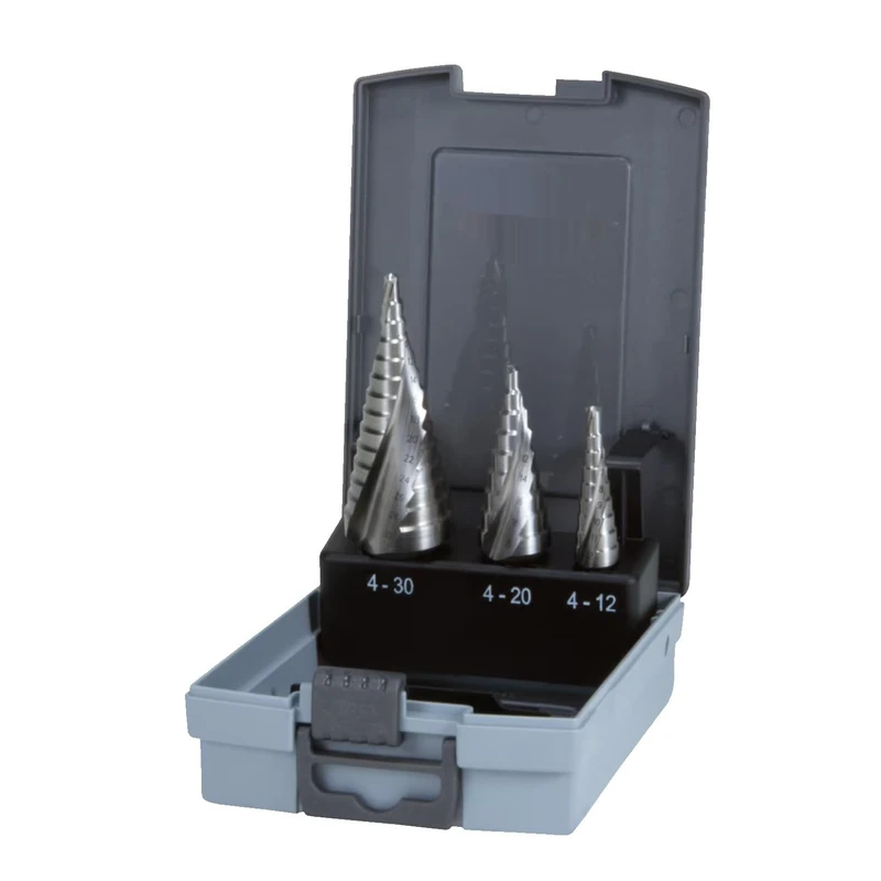 HSS Step Drill Bit Set Spiral Fluted Sizes 0/9, 1 & 2 in Case Ideal for Drilling Metal and Wood