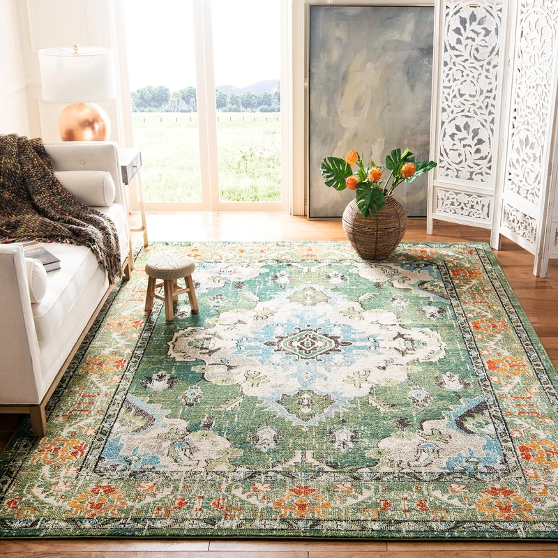 Safavieh Boho Rug for Living Room, Dining Room, Bedroom - Monaco Collection, Short Pile, in Forest Green and Light Blue, 183 X 244 cm