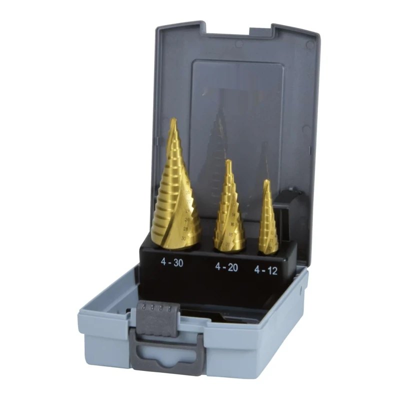 HSS-TiN Step Drill Bit Set 0/9, 1, 2mm in case, Ideal for Drilling Different Materials with Precision and Ease.