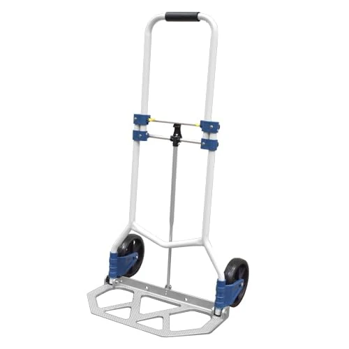 Folding hand truck made of aluminium, load up to 90 kg, height adjustable, ideal for transporting tools and materials.
