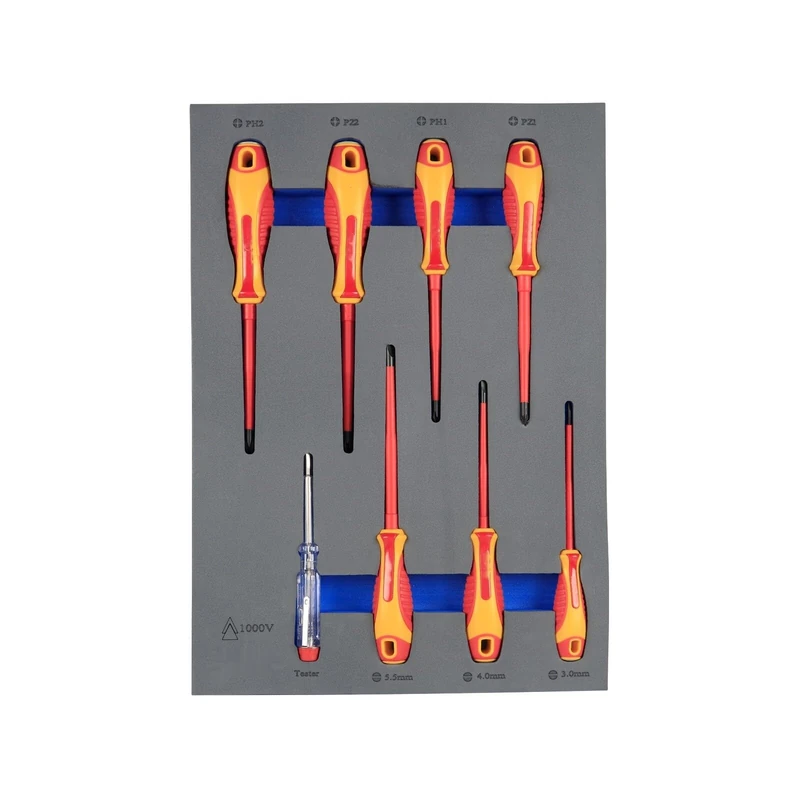 Foam Tray with Insulated Screwdrivers, Designed for Organization and Protection in Electrical and Maintenance Work.