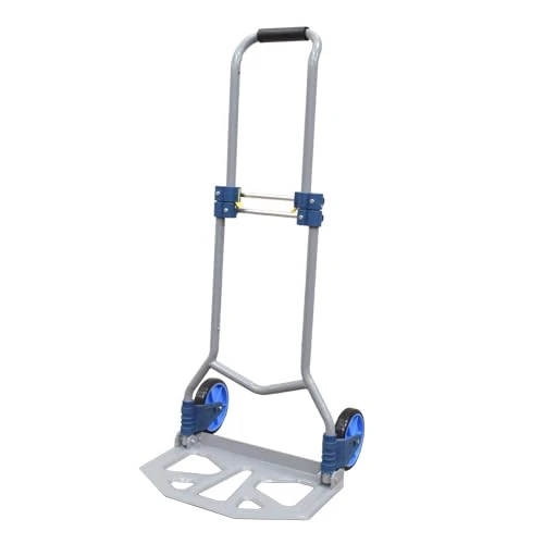 Folding hand truck made of aluminium, load up to 70 kg, height adjustable, ideal for transporting and loading materials.