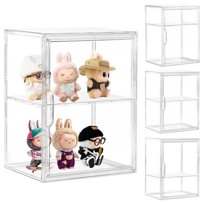 LXLXXL Clear Acrylic Display Case, 2 Tier Stackable Plastic Storage Bins with Magnetic Lid, Showcase for Cosmetic, Large Figures Collectibles, 4 Pack