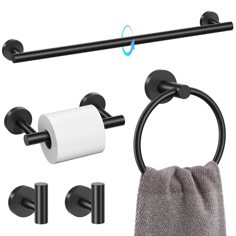TQKAG Matte Black 5 Piece Bathroom Hardware Accessories Set 23.6" SUS304 Stainless Steel Bathroom Towel Bar Holder Sets Double Post Pivoting Toilet Paper Holder Set Wall Mounted
