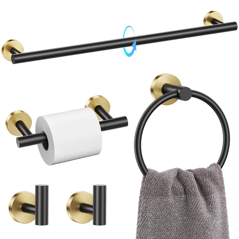 TQKAG Black and Gold 5 Piece Bathroom Hardware Accessories Set 23.6" SUS304 Stainless Steel Bathroom Towel Bar Holder Sets Double Post Pivoting Toilet Paper Holder Set Wall Mounted