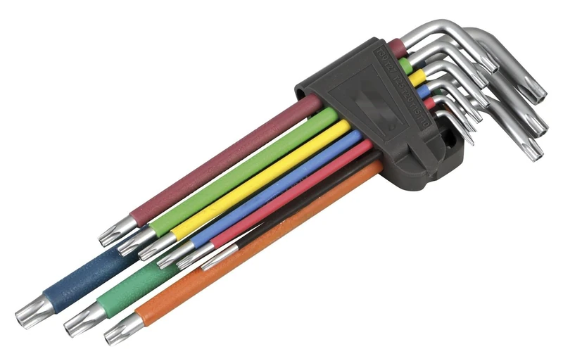 Set of 9 Multi-Coloured Inverted torx Wrenches, Heavy Duty Steel, for screwing and unscrewing Torx Head Screws in Various Applications. - Image 1