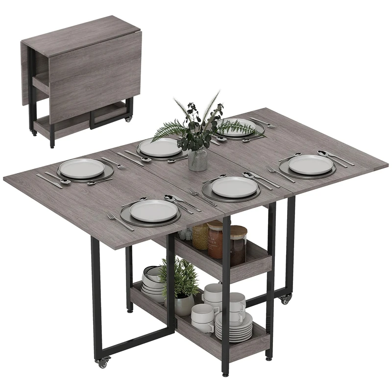 HOMCOM Folding Dining Table, Industrial Drop Leaf Table with Open Compartments for Small Spaces, Kitchen, Dining Room, Grey