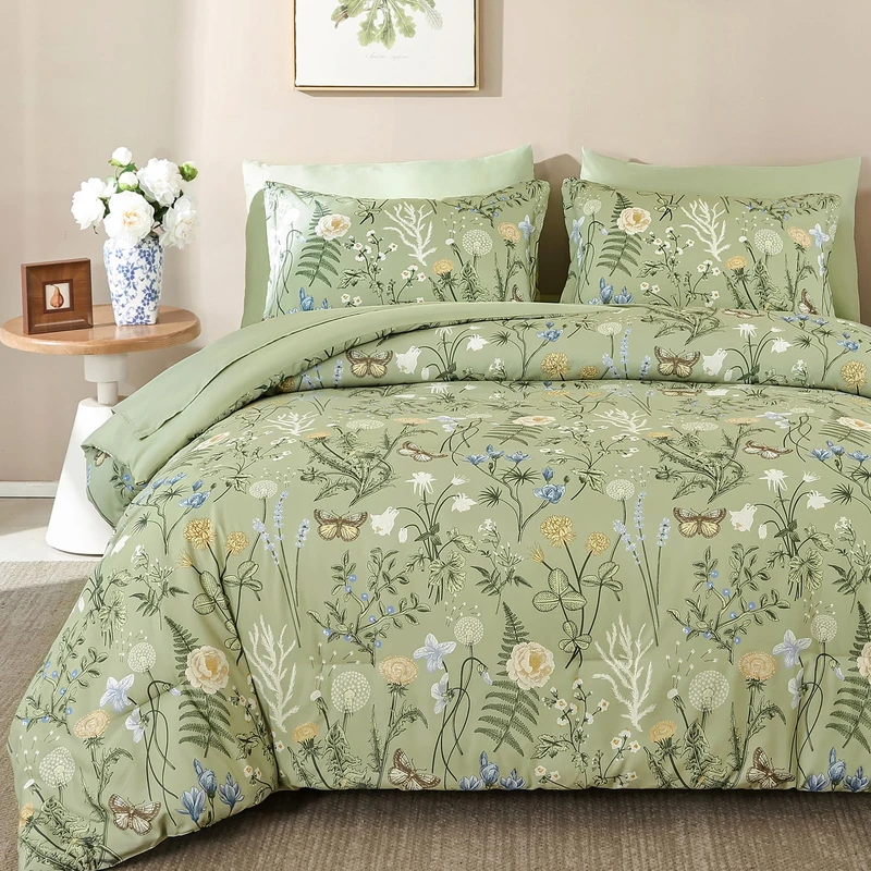 Yiran Green Floral Comforter Set Queen Size, 7 Piece Botanical Comforter Bedding Set, Farmhouse Bed in a Bag, Soft Microfiber Complete Bedding Set with Sheets for All Season