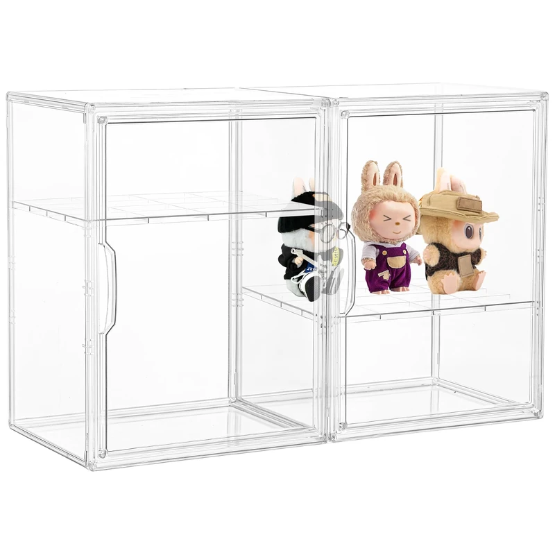 LXLXXL Clear Acrylic Display Case, 2 Tier Stackable Plastic Storage Bins with Magnetic Lid, Showcase for Cosmetic, Large Figures Collectibles, 2 Pack