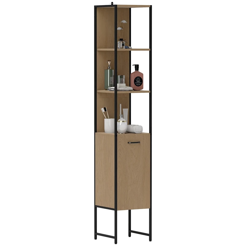HOMCOM Tall Bathroom Cabinet, Slim Bathroom Storage Cabinet with 3 Open Shelves and Adjustable Shelf, Freestanding Storage Cupboard, 33 x 33 x 185 cm, Natural Wood Finish