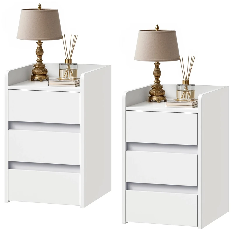 DWVO 2-Piece Bedside Table Set with 3 Drawers, Compact Nightstand Side Table for Bedroom, Living Room Storag, White, 35x40x59cm