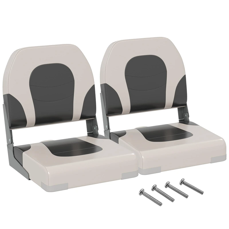 GYMAX Set of 2 Deluxe Folding Boat Seats, Faux Leather Low Back Captain Chairs with Metal Hinges and Carry Handle, Ergonomic Seating for Fishing Boats & Yachts (Off White+Grey, 42 x 51 x 49cm)