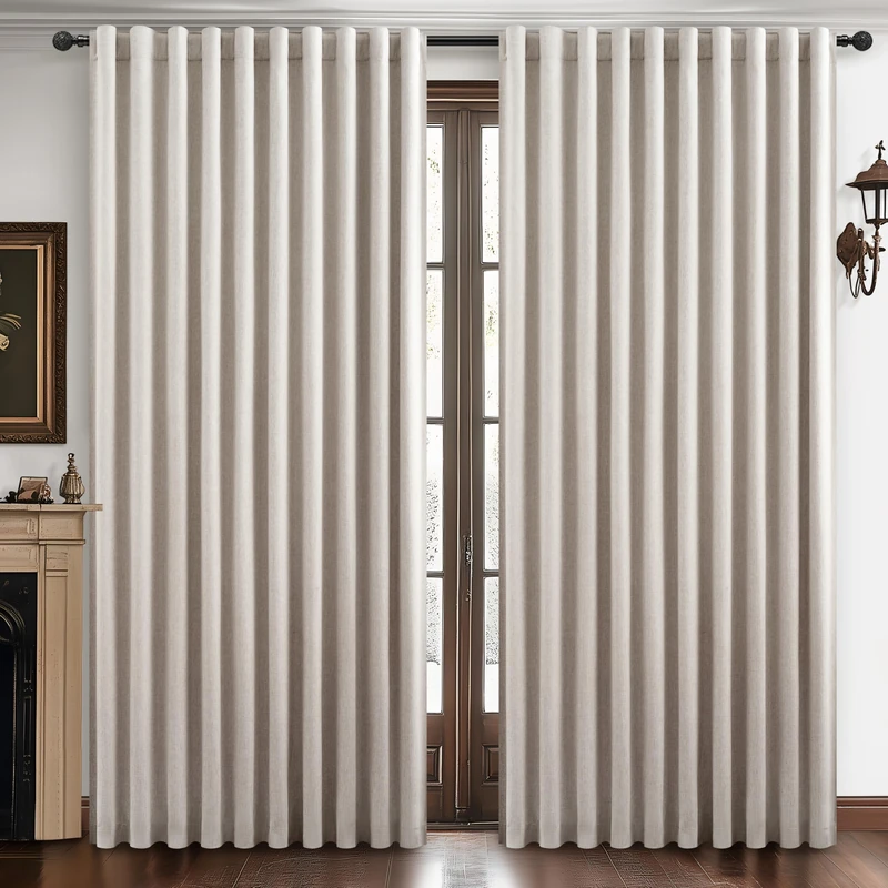 QJmydeco Curtains 100 Inch Length Wide Pleated Blackout Curtain for Sliding Glass Door/Living Room, Farmhouse Natural Linen Thick Boho Bedroom Heavy Insulated Large Window Drapes (100" Wx90 Lx2Panels)