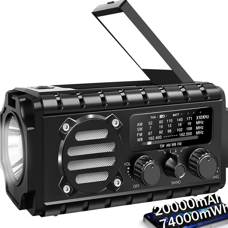 20000mah Hand Crank Emergency Radio, SW/NOAA/AM/FM Weather Radio, Solar Powered Hand Crank Charger with Big Battery Powered, Portable, Cellphone Charge, SOS, Flashlight for Emergency/Home (Black)
