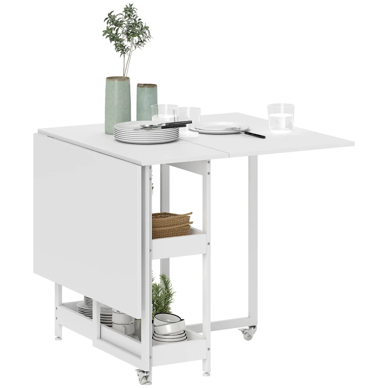 HOMCOM Folding Dining Table, Industrial Drop Leaf Table with Open Compartments for Small Spaces, Kitchen, Dining Room, White