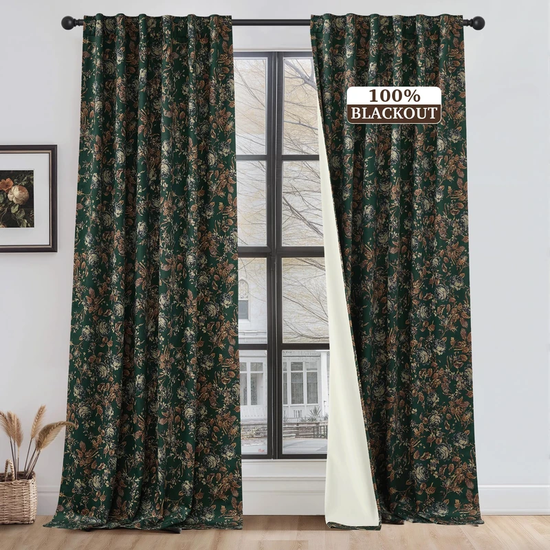 StangH Green Floral 100% Blackout Sliding Door Curtains, Vintage Flower Patterned Decorative Bedroom Drapes Thermal Insulated Farmhouse Boho Room Divider for Living Room, W52 x L84, 2 Panels