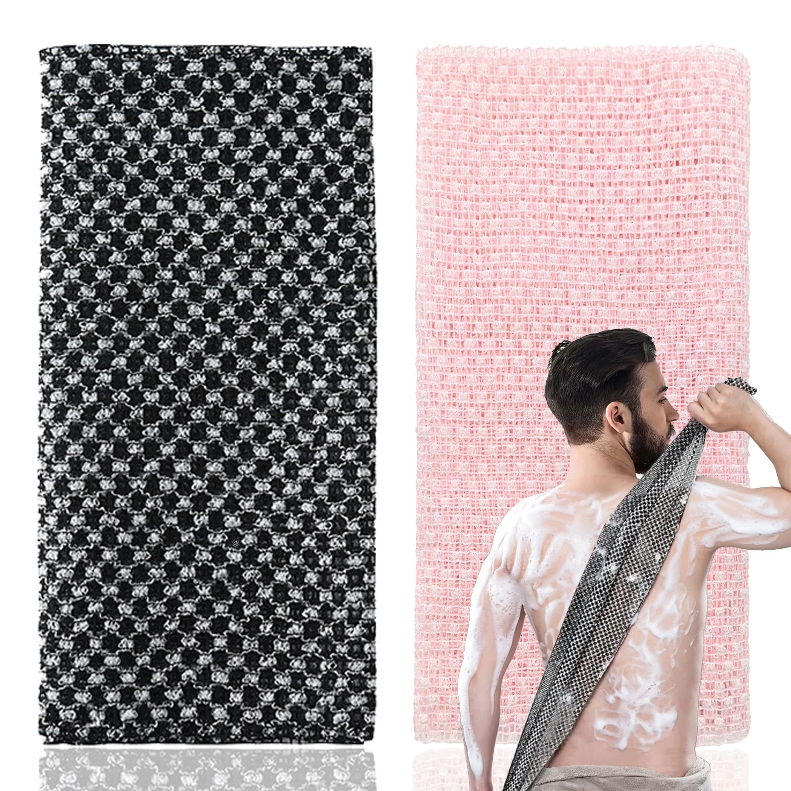 2Pcs Japanese Exfoliating Towel,Exfoliating Shower Towel,Extra Long Exfoliating Washcloth for Men Women,Exfoliating Body Scrubber for Cleaning&spa(Black+Pink)
