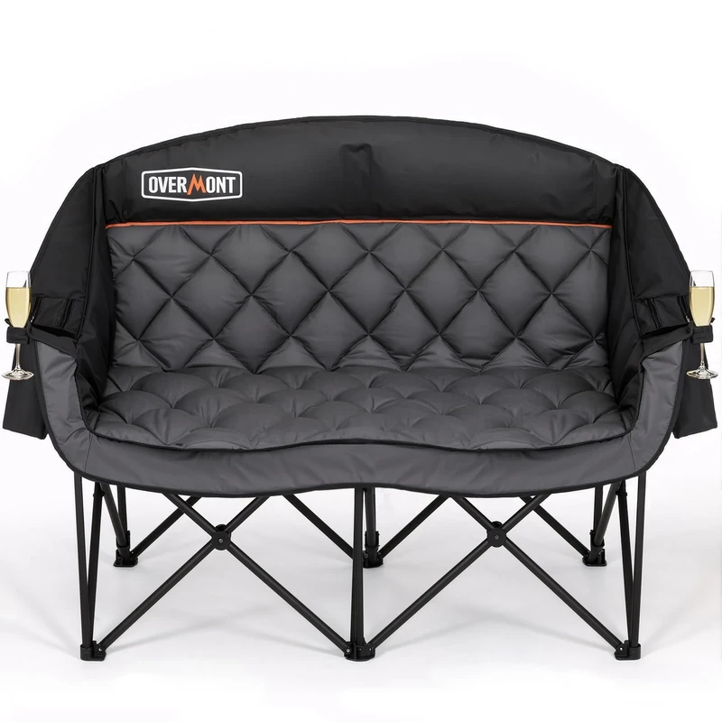 OVERMONT Oversized Camping Chair Double for Adults – 382kg Folding 2 Seater Sofa-Portable, Heavy Duty Lawn Chairs with Cooling Bag&Armrest Cup Holder - Fishing Garden Outdoor,Black