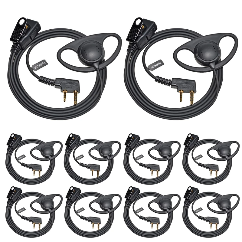 HYSHIKRA Walkie Talkie Earpiece with mic, 2 Pin Headset with PTT, Compatible with Kenwood eSnic Retevis Baofeng UV-5R Radio Ear Piece for Security Bodyguard (D Shape, 10 Pack)