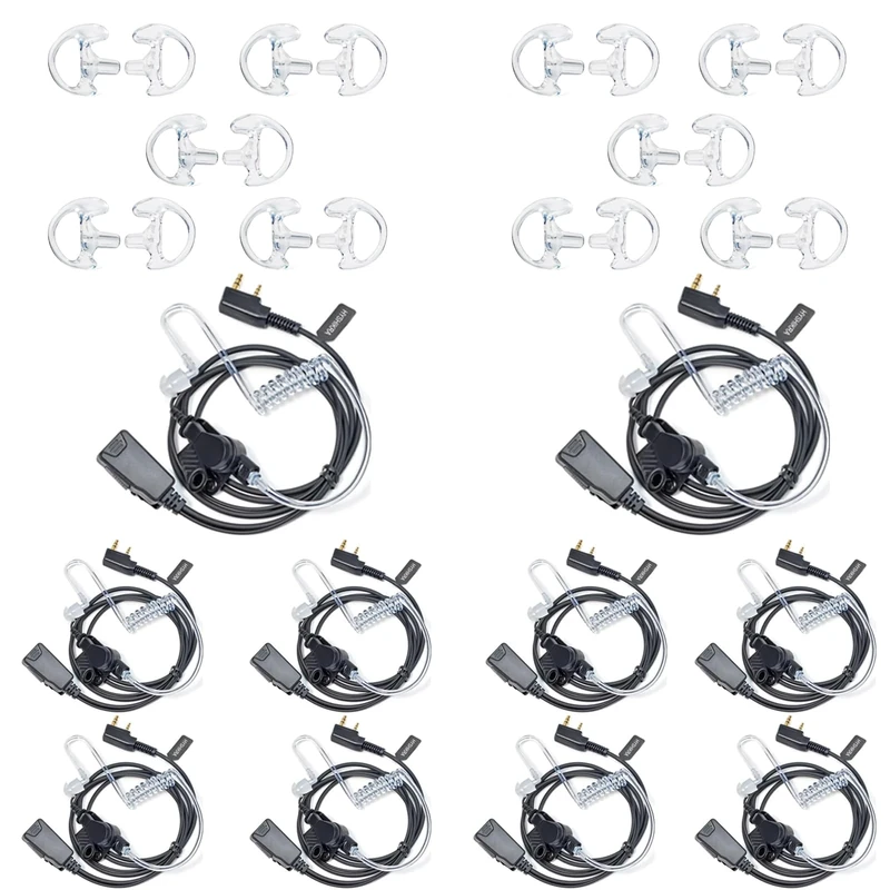 HYSHIKRA Walkie Talkie Earpiece with mic, 2 Pin Headset with PTT, Compatible with Kenwood eSnic Retevis Baofeng UV-5R Radio Ear Piece for Security Bodyguard (Transparent tube with earplugs, 10 Pack)