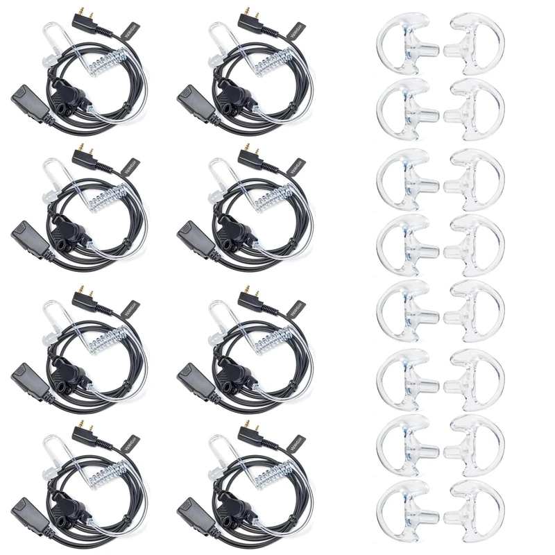 HYSHIKRA Walkie Talkie Earpiece with mic, 2 Pin Headset with PTT, Compatible with Kenwood eSnic Retevis Baofeng UV-5R Radio Ear Piece for Security Bodyguard (Transparent tube with earplugs, 8 Pack)