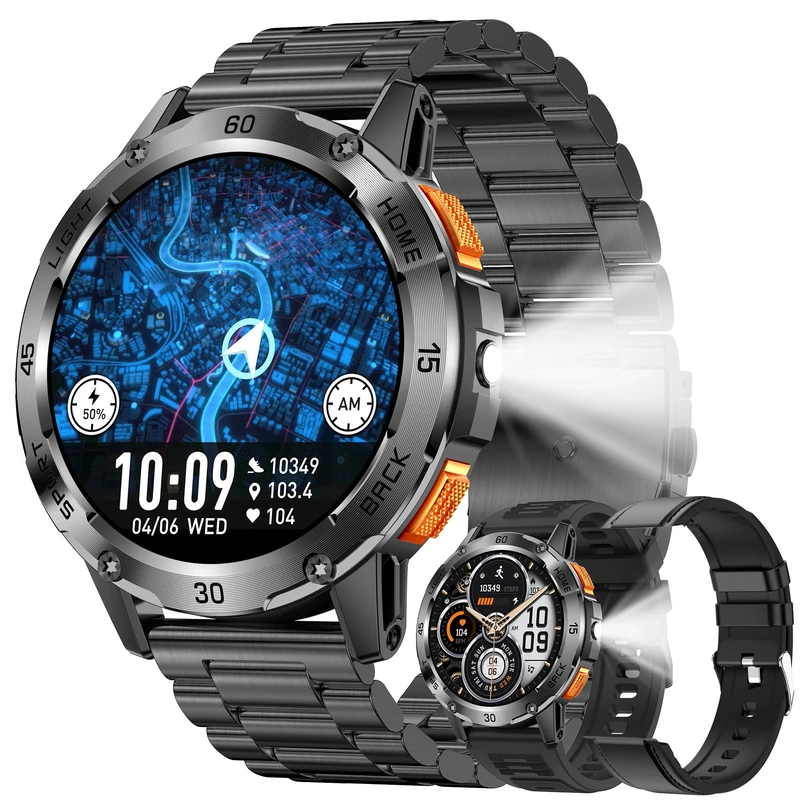 SGDDFIT Military Smart Watch (Answer/Make Calls) for Men, 1.53" Smart Watch for Android and iPhone, IP68 Fitness Tracker with Flashlight/Compass/Heart Rate/Sleep/100+ Sport Modes(3 Straps) (Black)