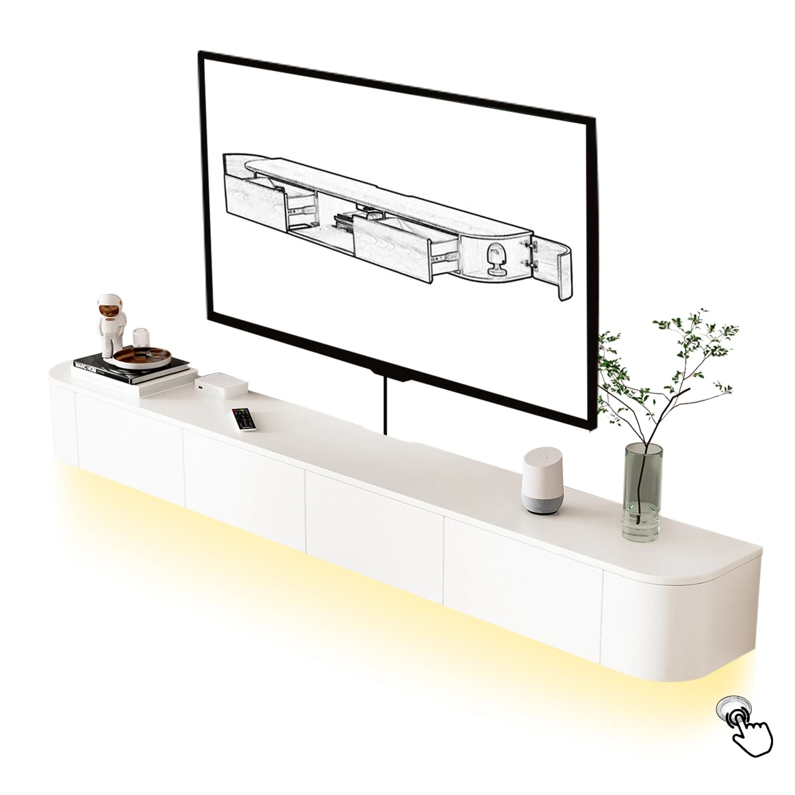 HYANXUE Floating TV Unit, Mounted TV Stand with Flip-Down Doors & Side door, Storage TV Bench Under TV for Bedroom Livingroom (White+LED, 180CM)
